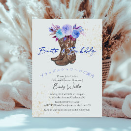 Invitación Botas y Burbujas Despedida de Soltera Floral Azul 