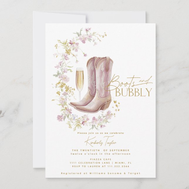 Invitación Botas y Burbujas Fiesta de Despedida de Soltera co (Anverso)