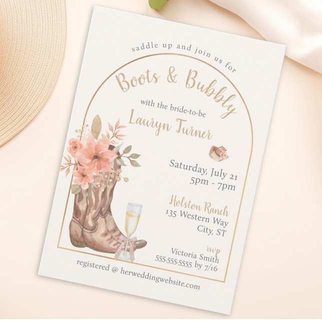 Invitación Botas y Burbujas Fiesta de Despedida de Soltera Va (Boots And Bubbly Cowgirl Rustic Bridal Shower Invitation)