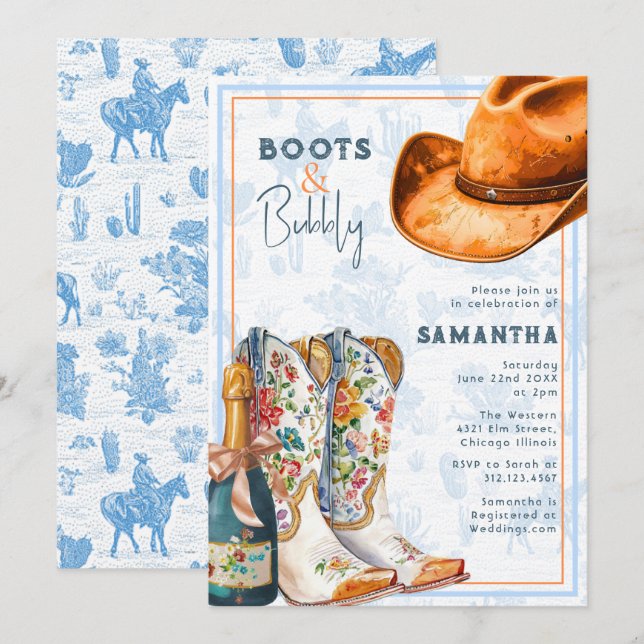 Invitación Botas y Burbujas Toile Occidental para Despedida d (Anverso / Reverso)