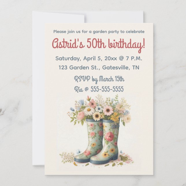 Invitación Botas y flores de jardín editables Cumpleaños Fies (Anverso)