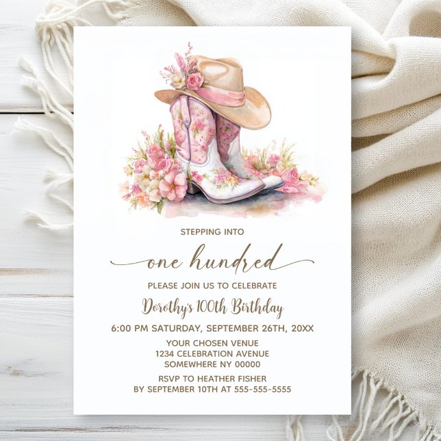Invitación Botas y sombrero de vaquera rosa Cumpleaños 100 (Subido por el creador)