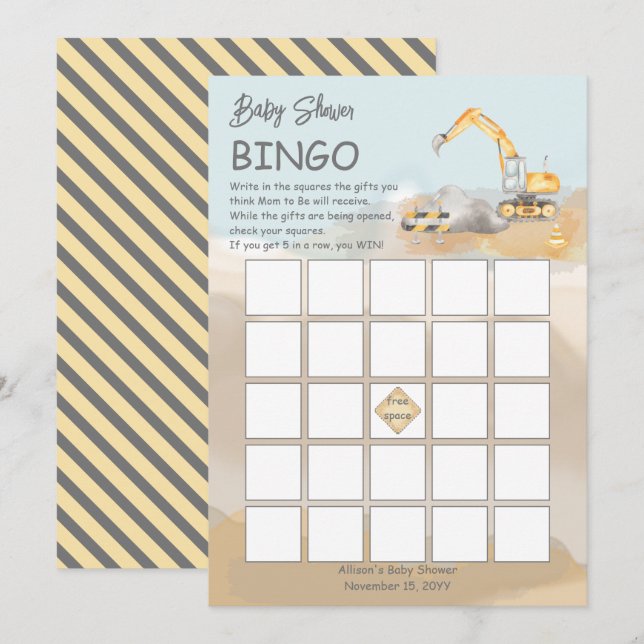 Invitación Bote Baby Shower Bingo de la Excavadora de la Cons (Anverso / Reverso)