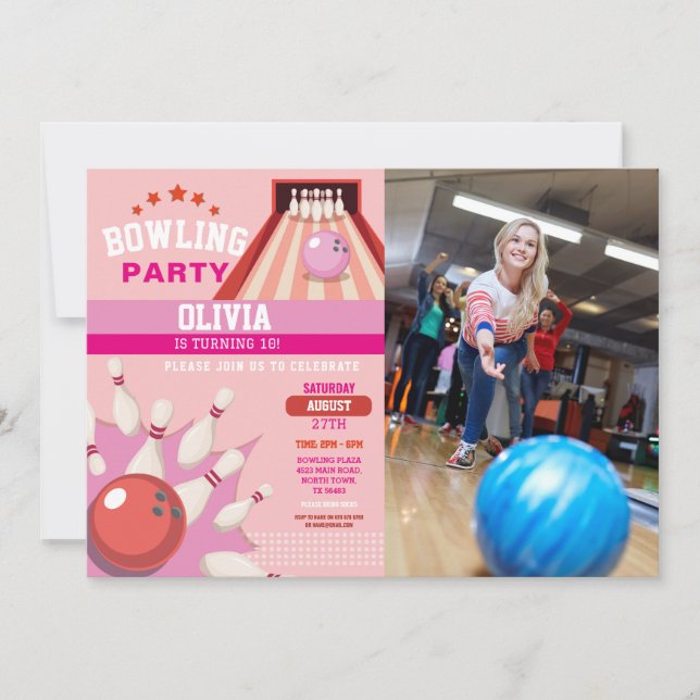 Invitación Bote de fotos huelgas de diversión Bowl Chicas ros (Anverso)