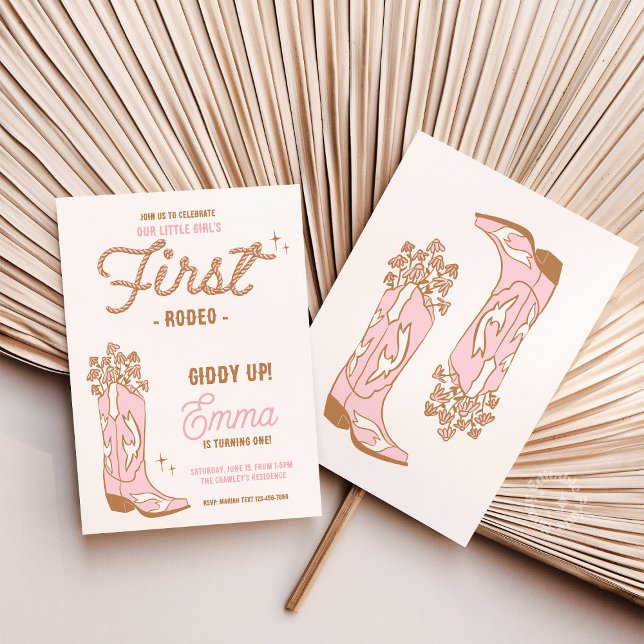 Invitación Bote de Rodeo de Cowgirl First Con Flores (cowgirl first rodeo invite, western first birthday theme, boho cowgirl birthday decor, rustic rodeo )