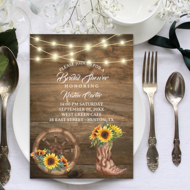 Invitación Bote de vaca rústico girasol ducha de novia occide (Rustic Cowboy Boot Sunflower Western Bridal Shower Invitation)