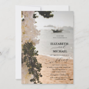 Invitación Bote de vela Flores Script Boda de playa