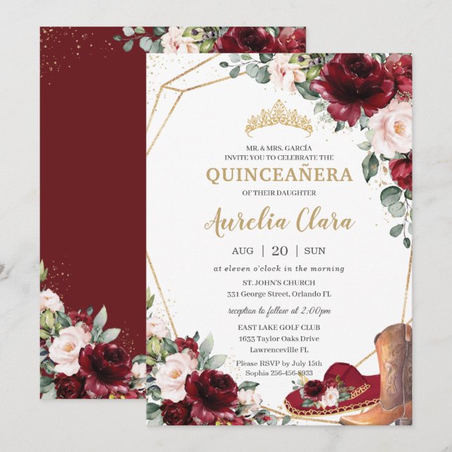 Invitación Bote del Gorra de charro floral Quinceañera Burgun (Anverso / Reverso)