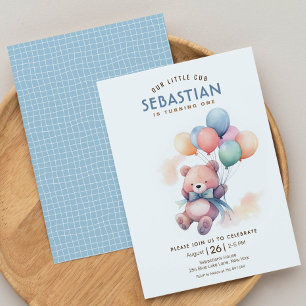 Invitación Bote Teddy con globo pastel Beary primer cumpleaño