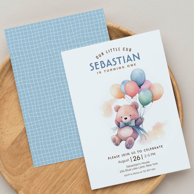 Invitación Bote Teddy con globo pastel Beary primer cumpleaño (Subido por el creador)
