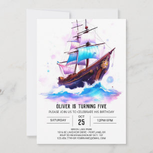Invitación Bote Watercolor Fun Pirate Cumpleaños