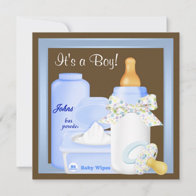 Invitación Botella azul marrón Pacificador Baby Boy Shower (Anverso)