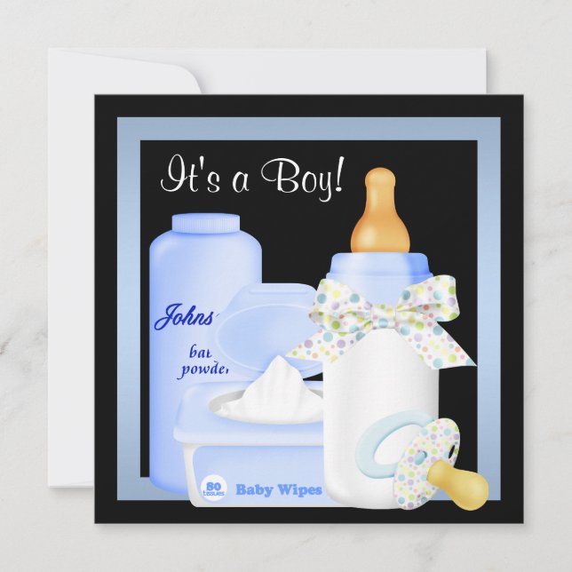 Invitación Botella azul negra Pacificador Baby Boy Shower (Anverso)