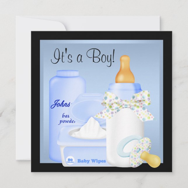 Invitación Botella azul negra Pacificador Baby Boy Shower (Anverso)