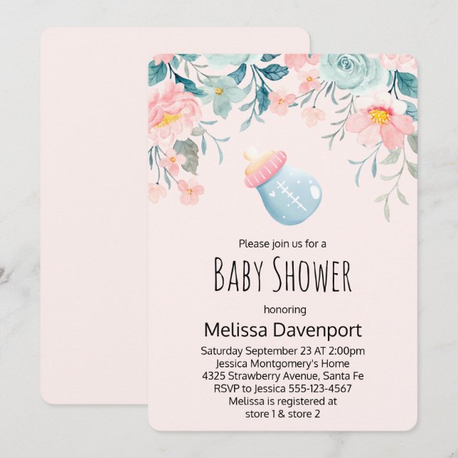 Invitación Botella bebe azul y rosa con Baby Shower de flores (Anverso / Reverso)