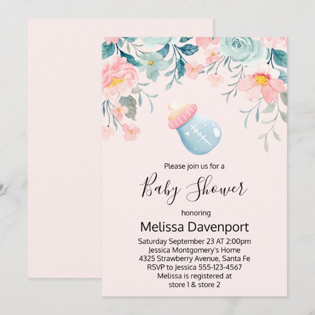 Invitación Botella bebe azul y rosa con Baby Shower de flores (Anverso / Reverso)