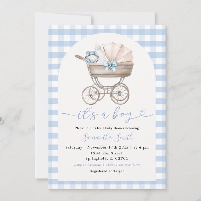 Invitación Botella de Bebé Carrito Blue Gingham Baby Shower (Anverso)