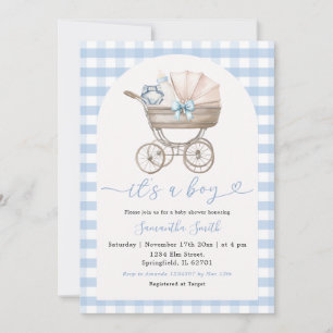 Invitación Botella de Bebé Carrito Blue Gingham Baby Shower