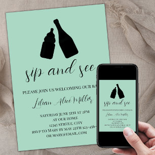 Invitación Botella De Bebé De Mint minimalista, Champán Y Ver