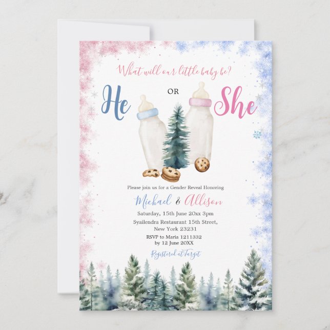 Invitación Botella De Bebé Rosa Y Azul Que Revela Su Género (Anverso)