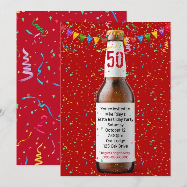 Invitación Botella de cerveza de fiesta de cumpleaños 50 en t (Anverso / Reverso)