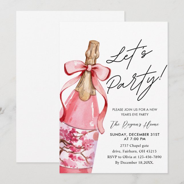Invitación Botella de champán con lazo rosa para fiesta de No (Anverso / Reverso)