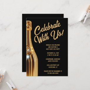 Invitación Botella de champán dorada en Nochevieja negra
