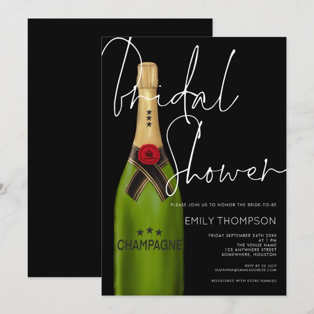 Invitación Botella de champán Guión blanco Ducha de novia neg (Anverso / Reverso)