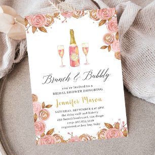 Invitación Botella de champán rosa y dorada ducha de novia fl