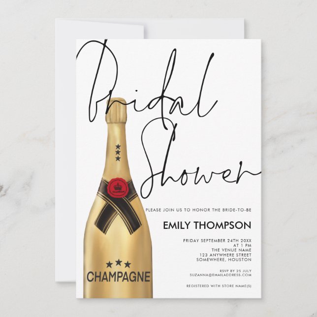 Invitación Botella de champán Script Gold Bridal Shower (Anverso)