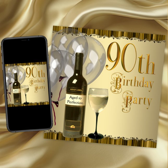 Invitación Botella de copa de vino dorado Fiesta de cumpleaño (90th birthday party invitation. Instant download and printed invitations available.)