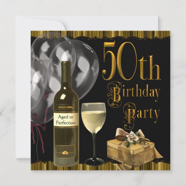 Invitación Botella de copa de vino dorado Fiesta de cumpleaño (Anverso)