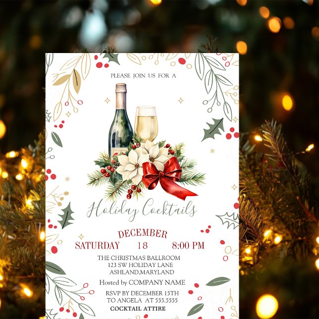 Invitación Botella de copa de vino Poinsettia Bow Company Nav (Subido por el creador)