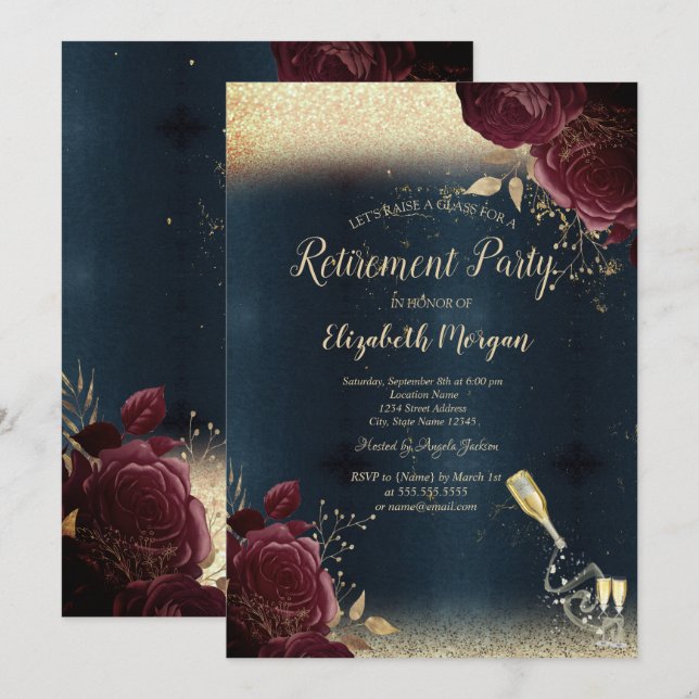 Invitación Botella de copa de vino, rosas de Borgoña Jubilaci (Anverso / Reverso)