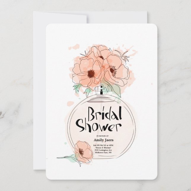 Invitación Botella de Perfume Bridal Shower con flores (Anverso)