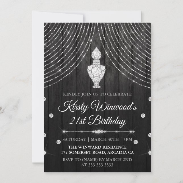 Invitación Botella de perfume de diamante negro plateado Cump (Anverso)