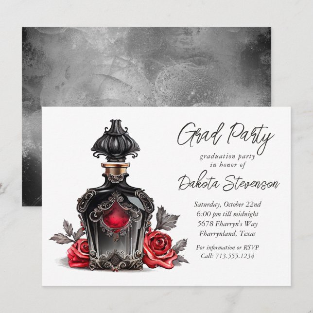 Invitación Botella de Perfume de Victoria y Rosas | Graduació (Anverso / Reverso)