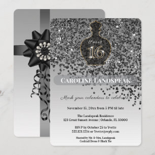 Invitación Botella de Perfume Sweet 16 Noir Negro Brillo Plat