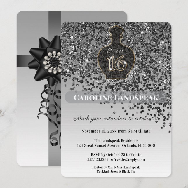 Invitación Botella de Perfume Sweet 16 Noir Negro Brillo Plat (Anverso / Reverso)