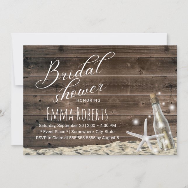 Invitación Botella de playa Rustic Wood Starfish Bridal Showe (Anverso)