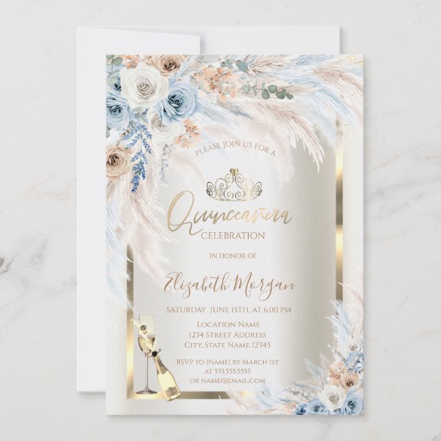 Invitación Botella de vidrio Rosas azules Pampas Grass Quince (Anverso)