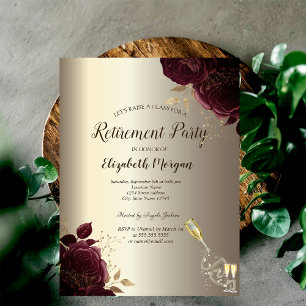 Invitación Botella de vidrio, rosas borgoña champán jubilació