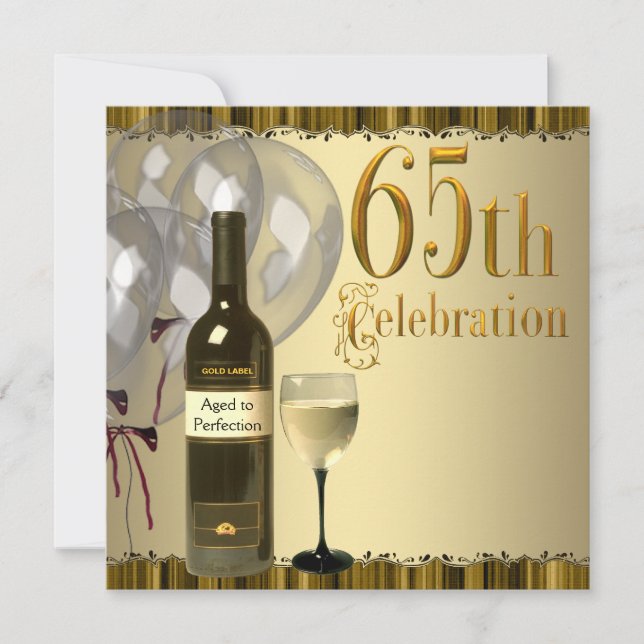Invitación Botella de vino con copa dorada para cumpleaños 65 (Anverso)
