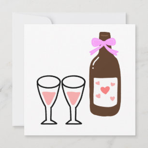 Invitación Botella de vino con lazo rosa y copas