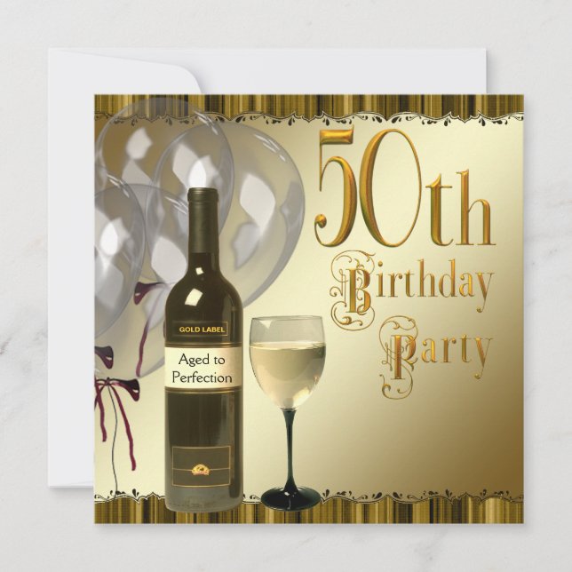 Invitación Botella de Vino Copa Negro Oro Cumpleaños 50 (Anverso)