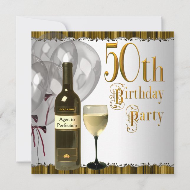 Invitación Botella de Vino Copa Negro Oro Cumpleaños 50 (Anverso)