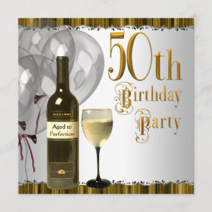 Invitación Botella de Vino Copa Negro Oro Cumpleaños 50