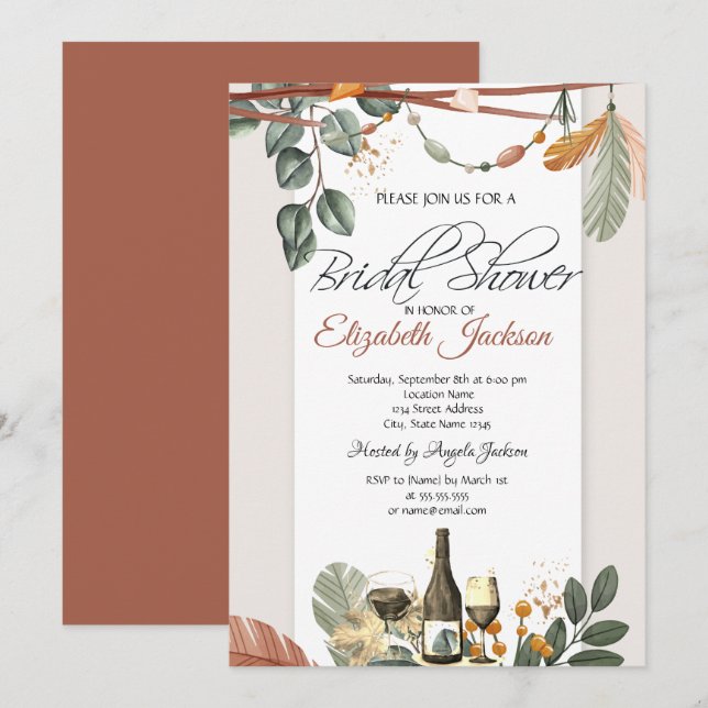 Invitación Botella de vino de vidrio, ducha de novia boho (Anverso / Reverso)