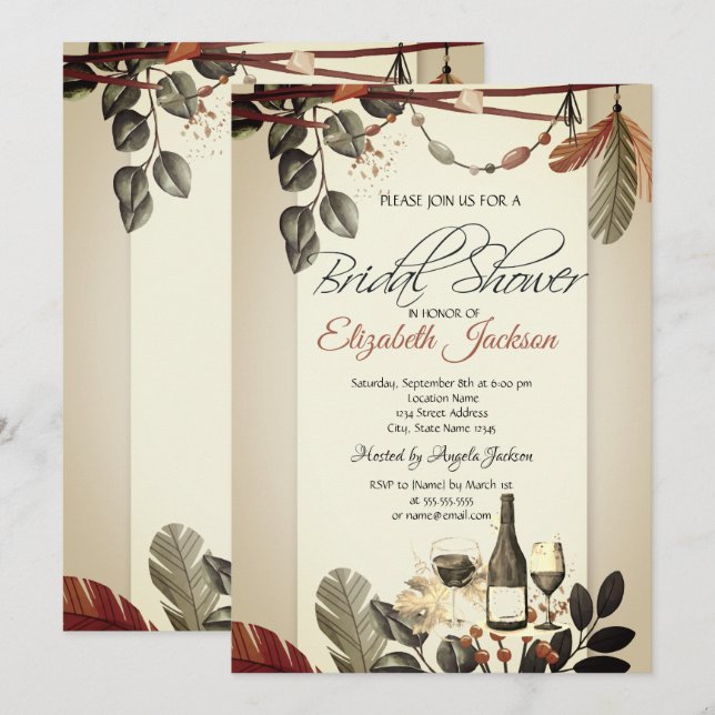 Invitación Botella de Vino de Vidrio, Flores Boho Desayuno de (Anverso / Reverso)