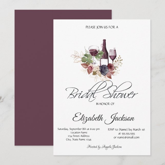 Invitación Botella de vino Glass Burgundy Floral Bridal Showe (Anverso / Reverso)
